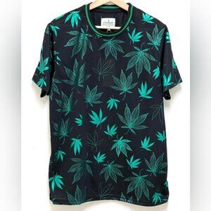 Kronic Prints by Drill Clothing Men's Black T-Shirt Green Foil Leaves Size L NWT